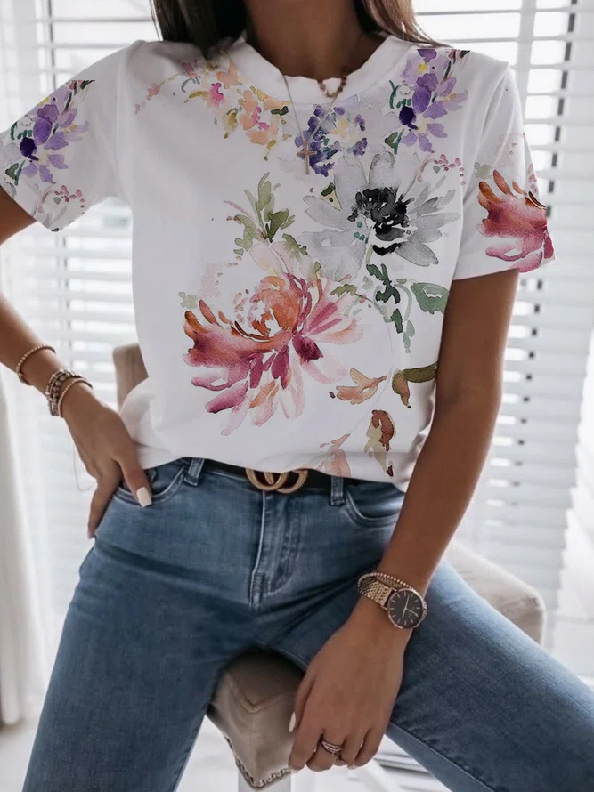 Crew Neck Floral Casual T-Shi...