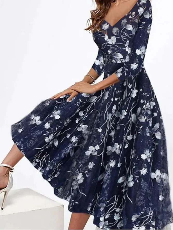 Elegant V Neck Floral Swing D...