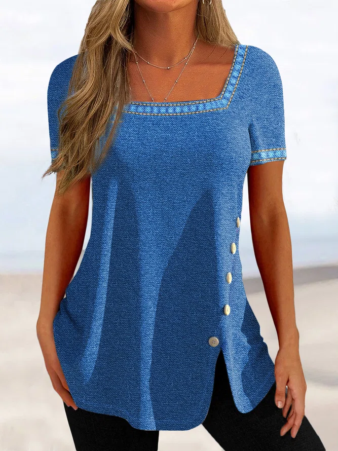 Button Split Tunic Tops T-shi...