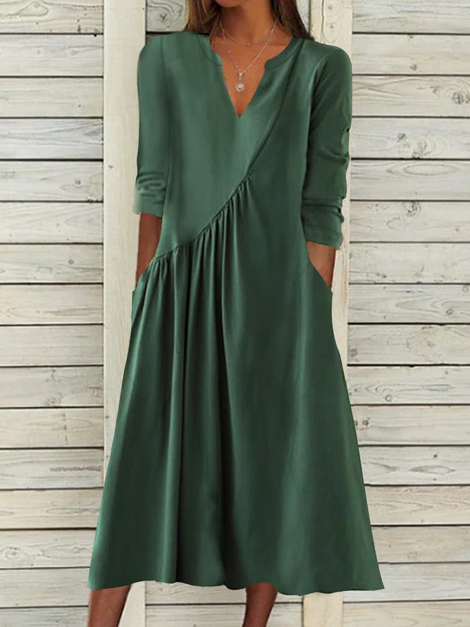 Neck Plain Casual Ruched Dres...