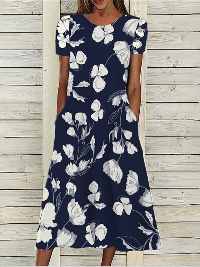 Neck Floral Casual Midi Dress...