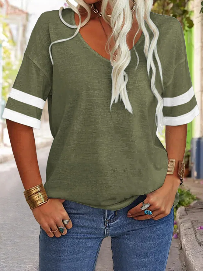 Color Block V Neck Loosen T-S...