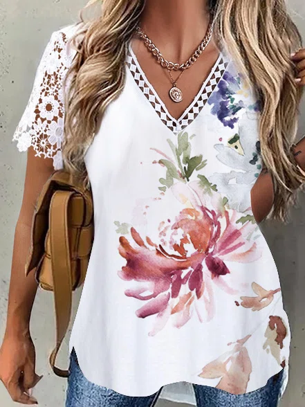 Vacation V Neck Floral Loose ...