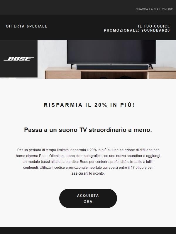 Risparmia il 20% in più su soundbar e altro ancora