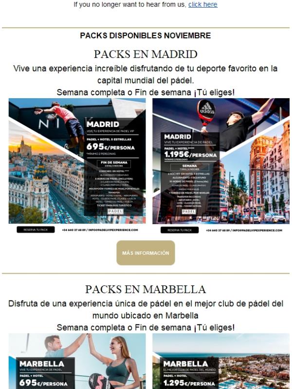 Experiencias de padel en noviembre ⇒ Personliza tu viaje