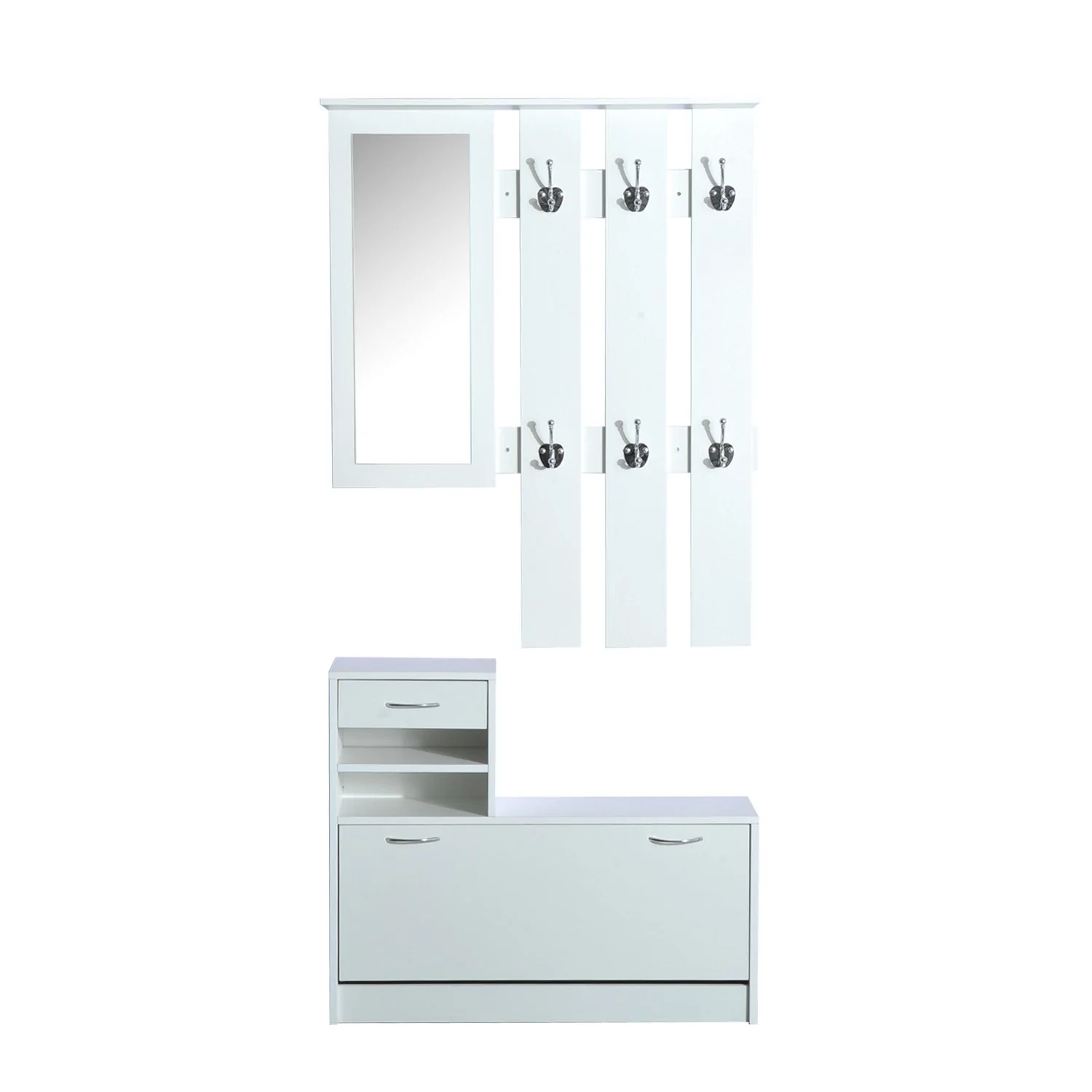 Image of Mobile d'Ingresso Set Appendiabiti Specchio e Scarpiera 3 in 1 Bianco