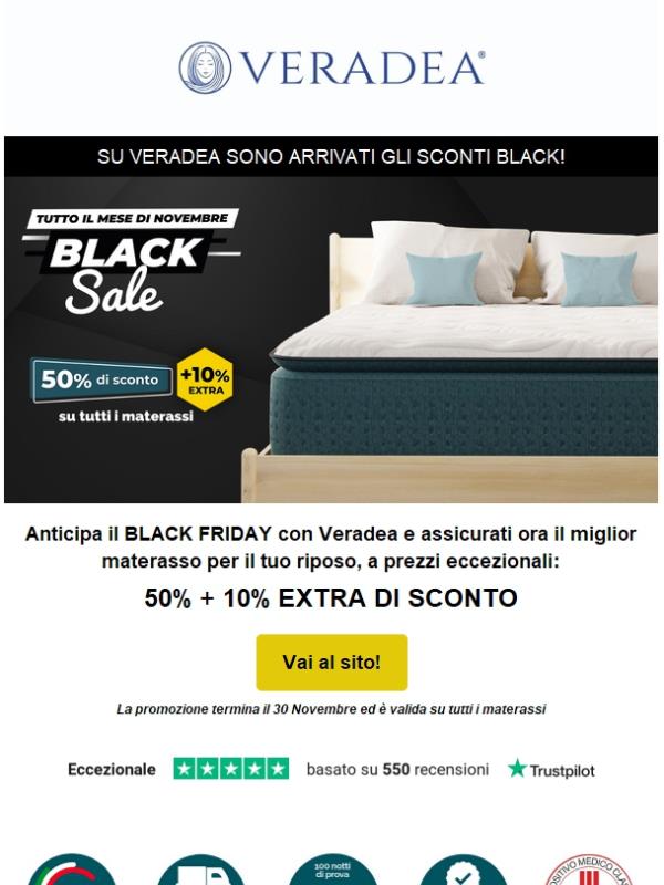 🖤 BLACK SALE: 50% + 10% di Sconto EXTRA su tutti i materassi.