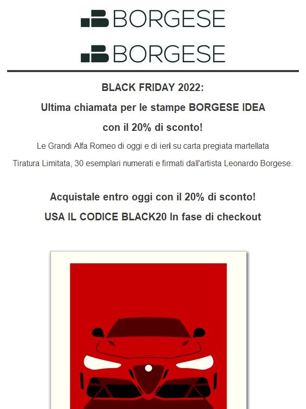 Il Black Friday Borgese Idea finisce oggi: acquista le nuovissime stampe Alfa Romeo.