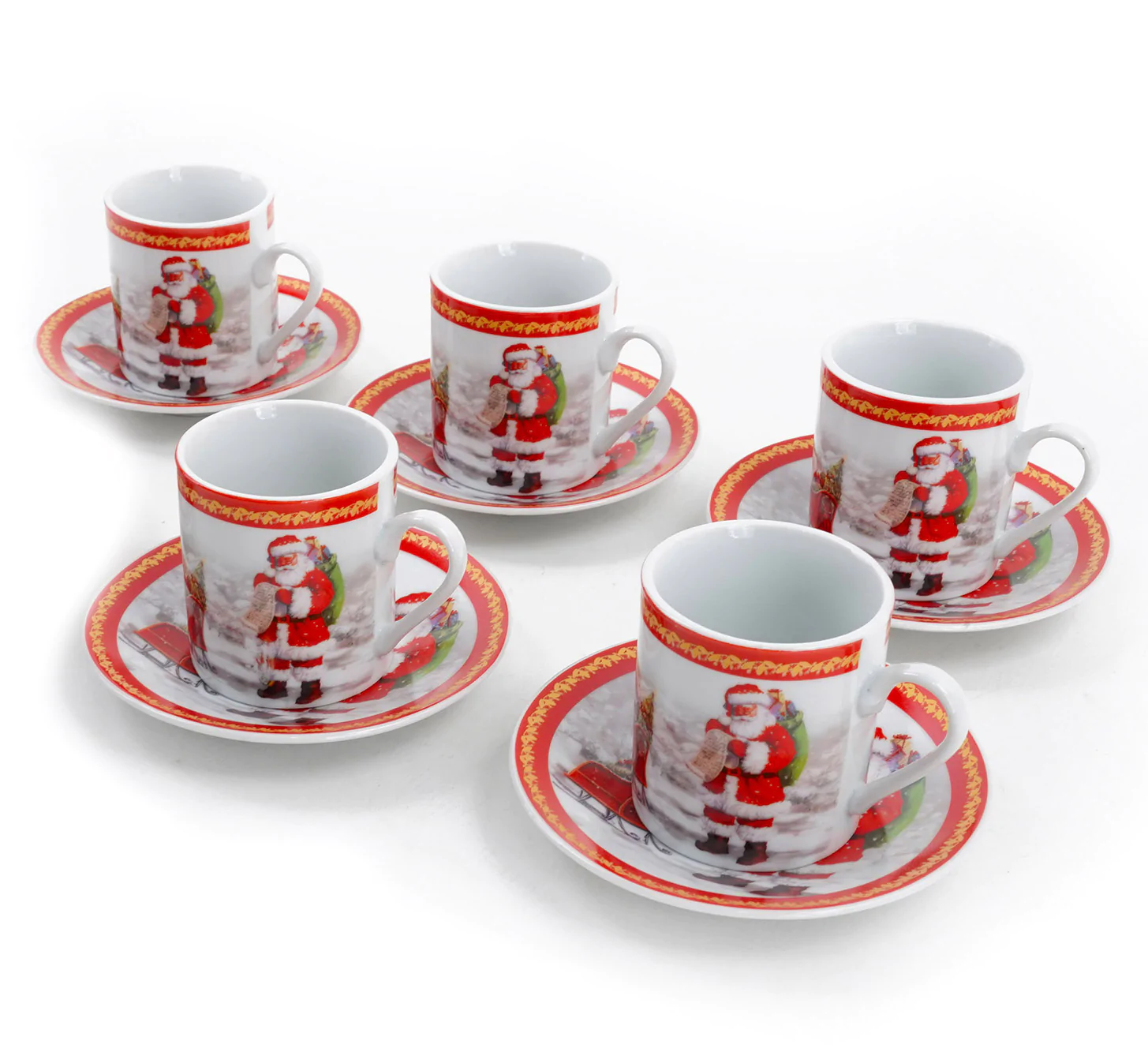 Set da Caffè 5 Tazzine e 5 Piattini di Natale in Ceramica