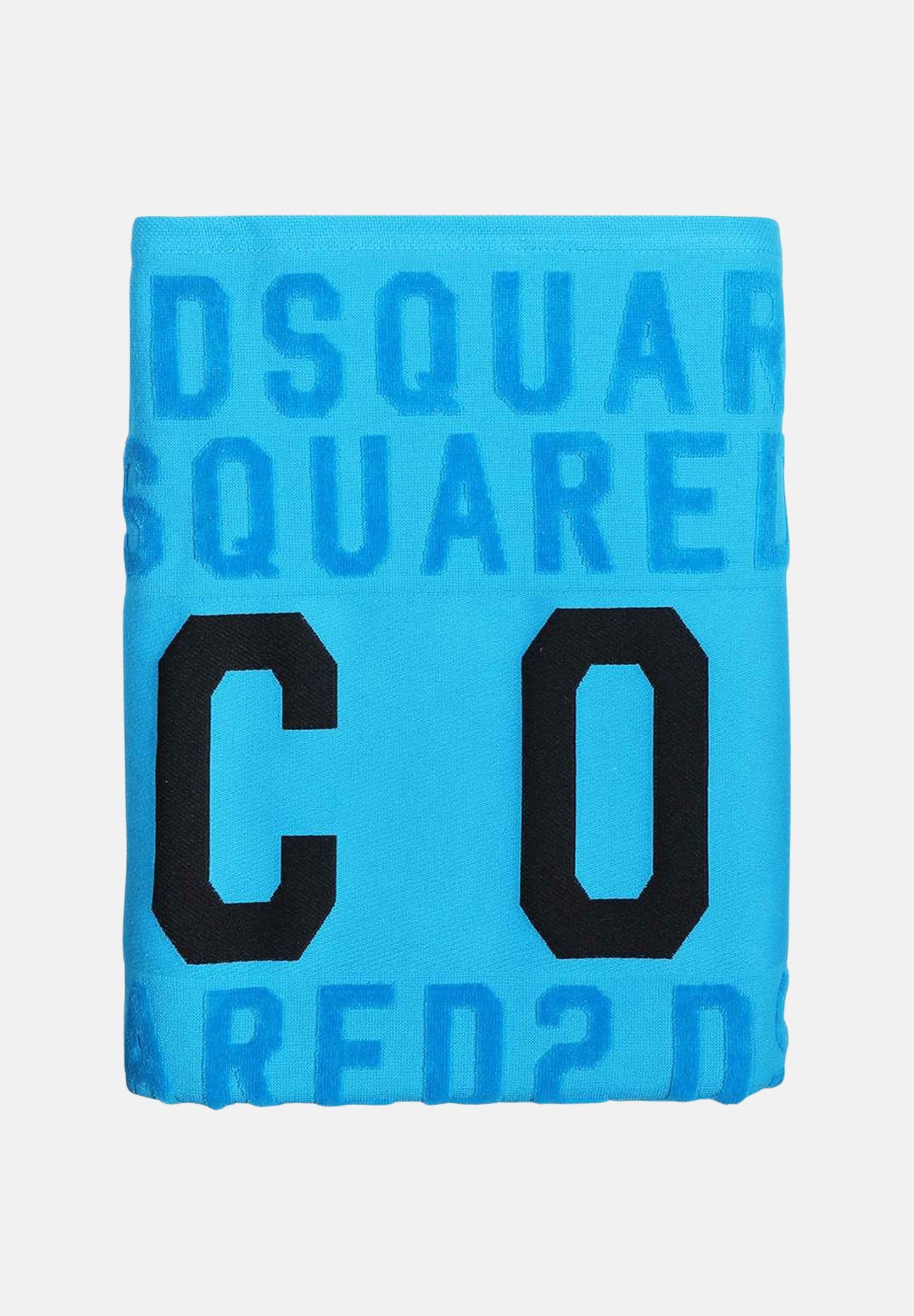 Telo mare azzurro per uomo e donna con logo ICON e logo DSQUARED2 all over