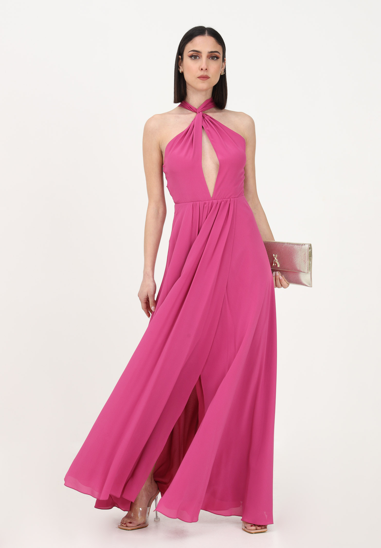 Long fuchsia dress for women with knotted neckline and cut-out detail on the back