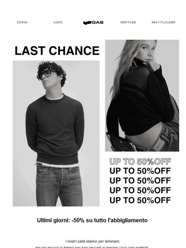 Last chance: tutta la collezione abbigliamento al -50%