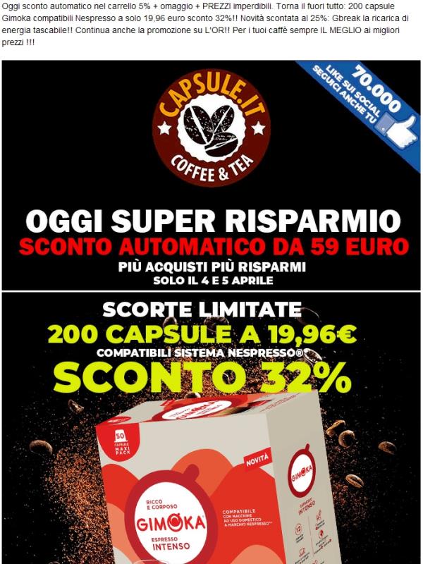 😲 OGGI: Più acquisti Più Risparmi! 200 capsule a 19,96€ !