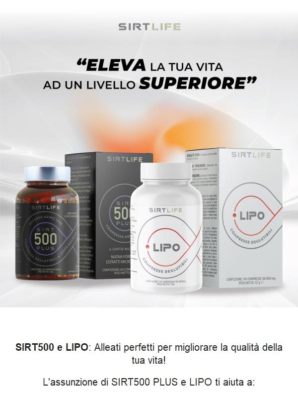 Scopri gli straordinari benefici di SIRT500 PLUS e LIPO: Acquistali insieme con il 25% di sconto!