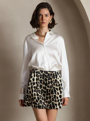 Image of 19Momme Seta Sexy Motivo Leopardo Mini gonna