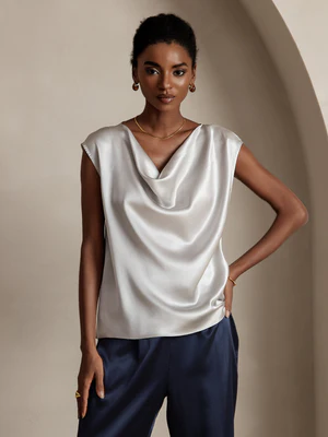 Image of 19Momme Top in Seta con Collo a Cowl e Senza Maniche