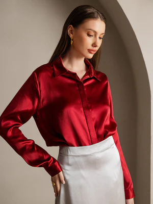 Image of 19 Momme Seta Colore Solido Camicia Base a Maniche Lunghe