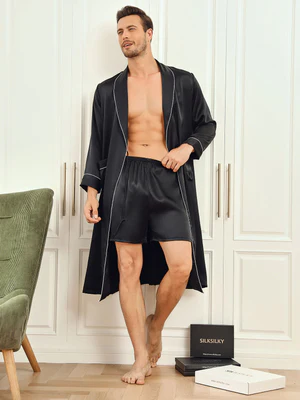 Image of Piping in pura seta con cintura e pantaloncini da uomo 2 pezzi