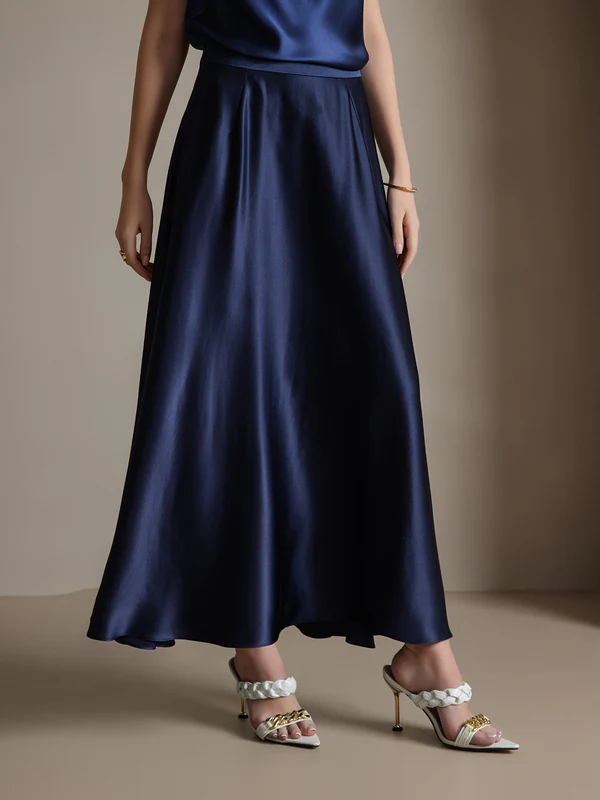 Image of 19Momme Gonna Maxi Classica Elegante In Seta Unita