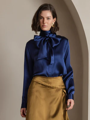 Image of 19 Momme Colore uniforme Camicia Alla Moda In Seta Con Fiocco
