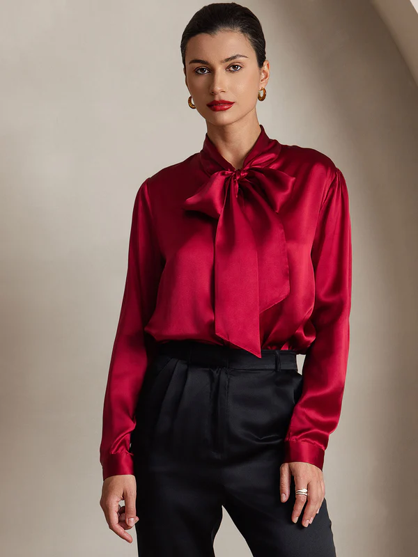 Image of 19 Momme Camicia Colore uniforme Elegante in Seta con Collo a Fiocco e Maniche Lunghe