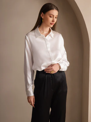 Image of 19 Momme Seta Colore Solido Camicia Base a Maniche Lunghe