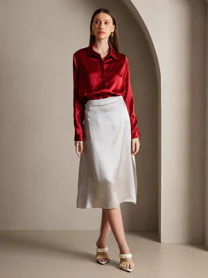 Image of 19 Momme Seta Colore Solido Camicia Base a Maniche Lunghe