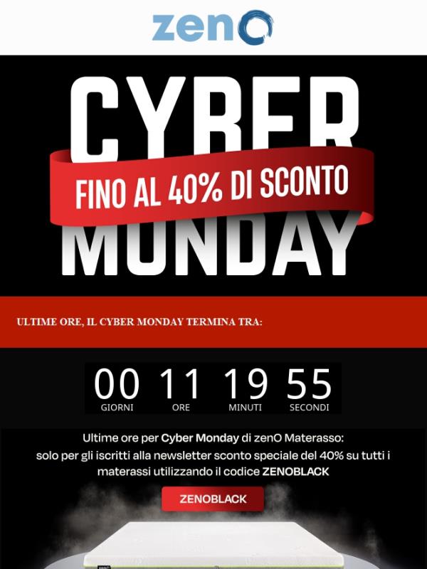 ⚫️ Ultimi ore per il Cyber Monday di zenO materasso: fino al 40% di sconto