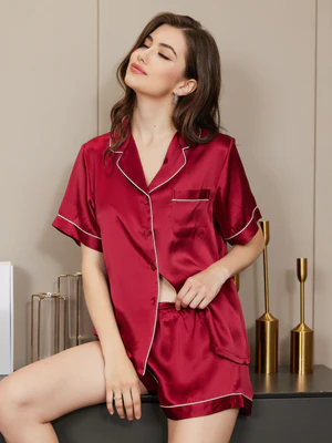 Image of Set Pigiama Da Donna A Maniche Corte In 100% Seta Di Gelso