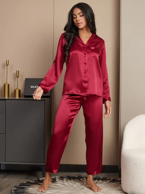 Image of Set Pigiama Da Donna A Maniche Lunghe In 100% Seta Di Gelso