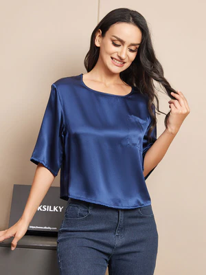 Image of T-shirt camicetta da donna casual a mezza manica in pura seta
