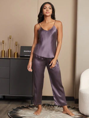Image of Set pigiama in seta con top e pantaloni