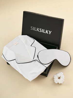 Image of Set regalo: pigiama in seta a maniche lunghe, maschera per gli occhi e elastico