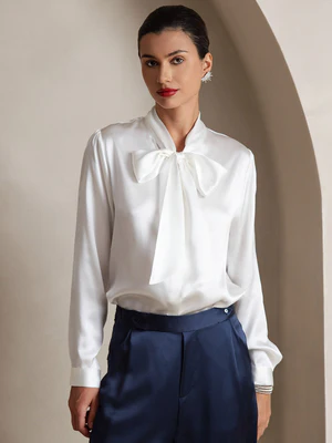 Image of 19 Momme Camicia Elegante in Seta con Collo a Fiocco e Maniche Lunghe