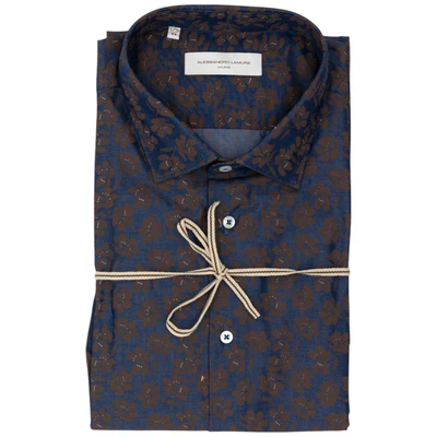 Camicia Blu Scuro con Motivo Floreale Marrone