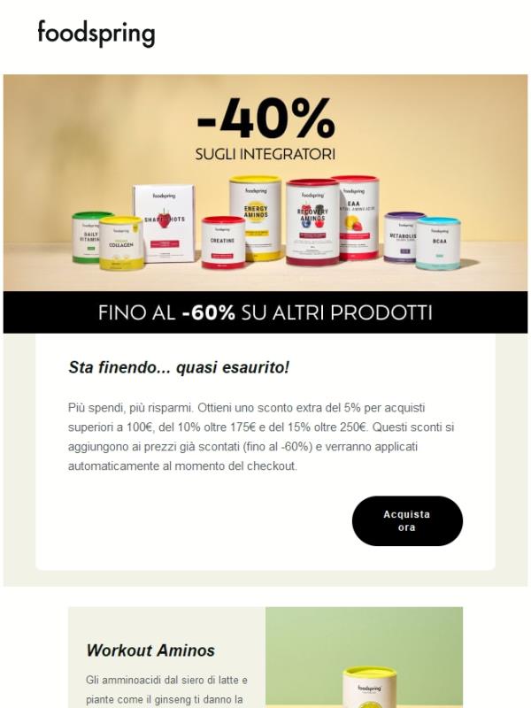 -40% su amminoacidi e integratori