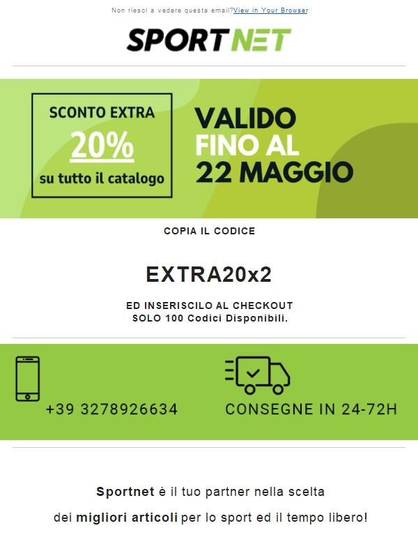 EXTRA 20% su TUTTO per 2 giorni! 🎉 Solo 100 Codici attivi. Cosa Aspetti? Fino al 22 Maggio