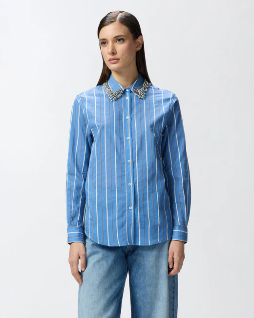 Camicia a Righe con Colletto Ricamato / Azzurro