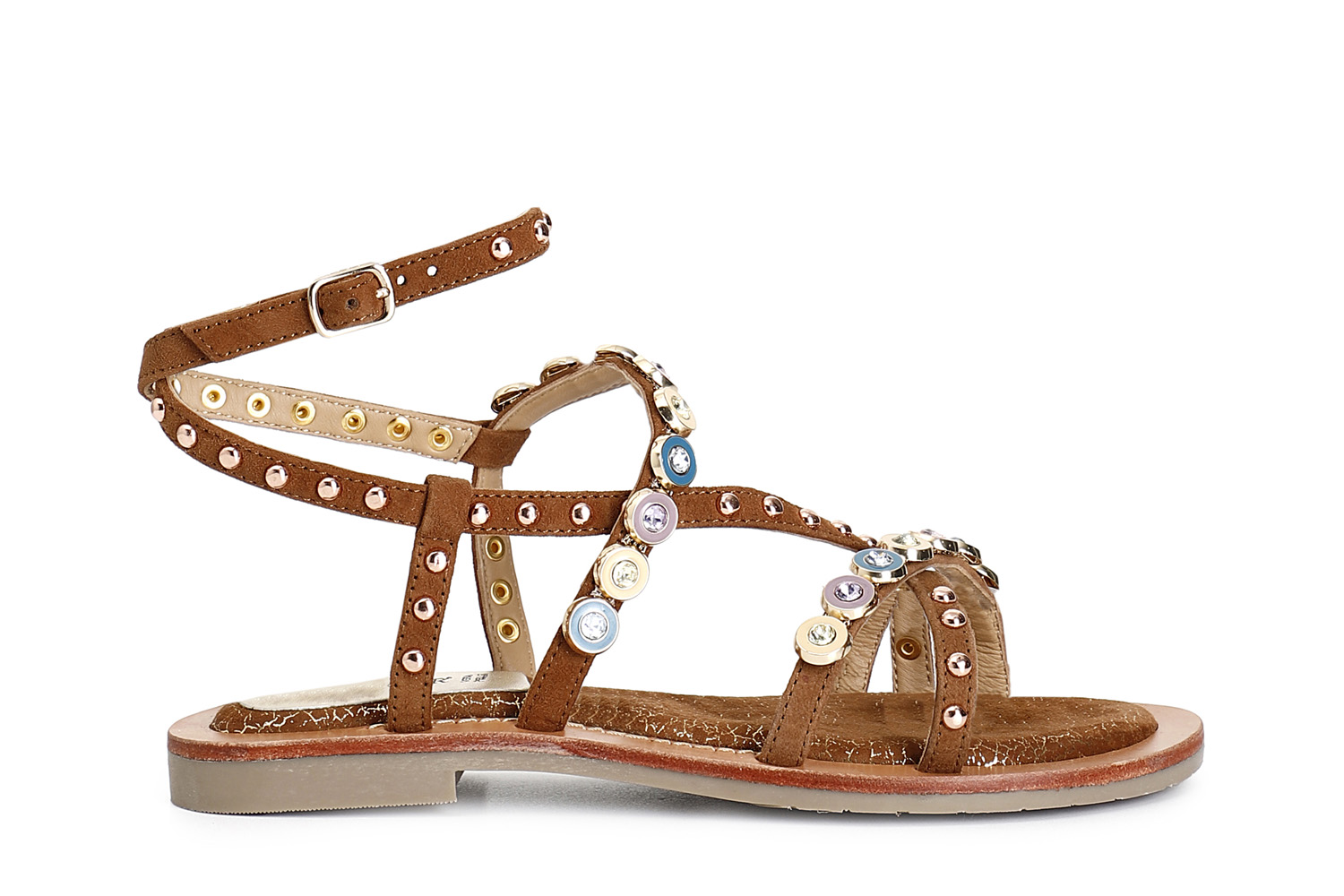Image of sandali incrocio asimmetrico in camoscio con accessori cuoio