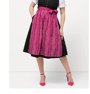 Abito tradizionale Dirndl con taglio smanicato, bottoni decorativi, scollo a V e collo alto