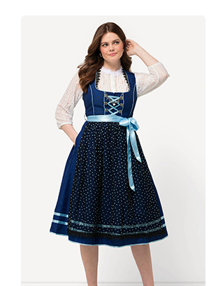 Tradizionale abito smanicato Dirndl con cuoricini, catenina decorativa e scollo rettangolare