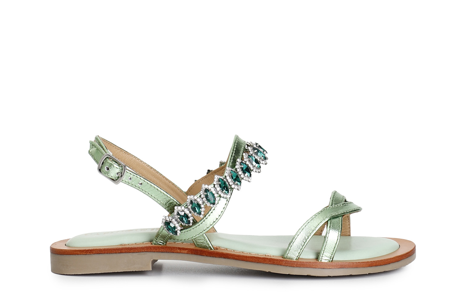 Image of sandali doppia fascia in pelle laminata con accessorio strass menta