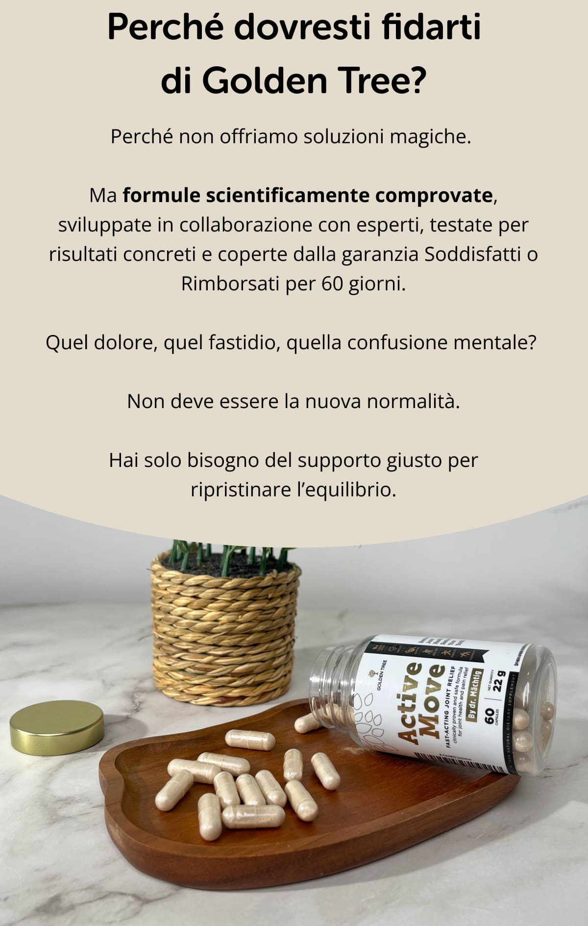 Perché dovresti fidarti di Golden Tree? Perché non offriamo soluzioni magiche.  Ma formule scientificamente comprovate, sviluppate in collaborazione con esperti, testate per risultati concreti e coperte dalla garanzia Soddisfatti o Rimborsati per 60 giorni. Quel dolore, quel fastidio, quella confusione mentale?  Non deve essere la nuova normalità. Hai solo bisogno del supporto giusto per ripristinare l’equilibrio.