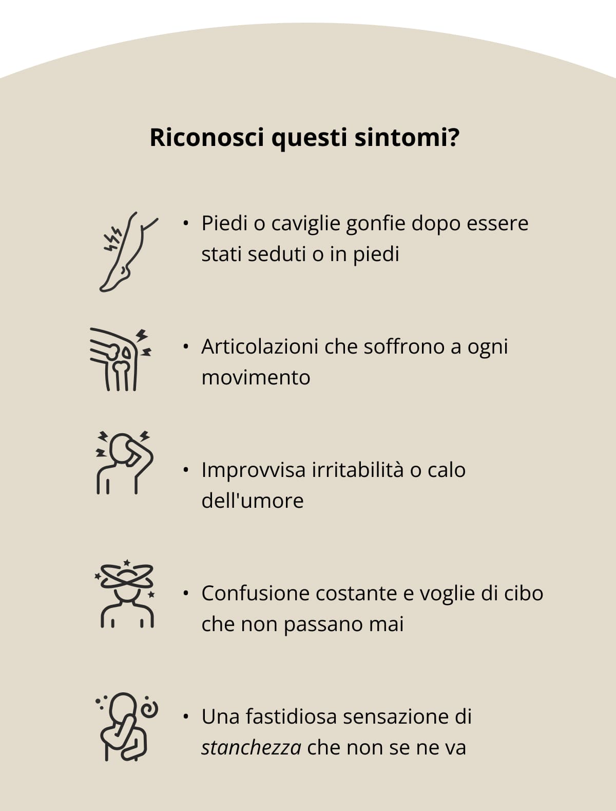Riconosci questi sintomi? Piedi o caviglie gonfie dopo essere stati seduti o in piedi   Articolazioni che soffrono a ogni movimento   Improvvisa irritabilità o calo dell'umore   Confusione costante e voglie di cibo che non passano mai   Una fastidiosa sensazione di stanchezza che non se ne va