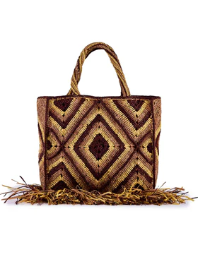 Tote bag in rafia crochet marrone con frange