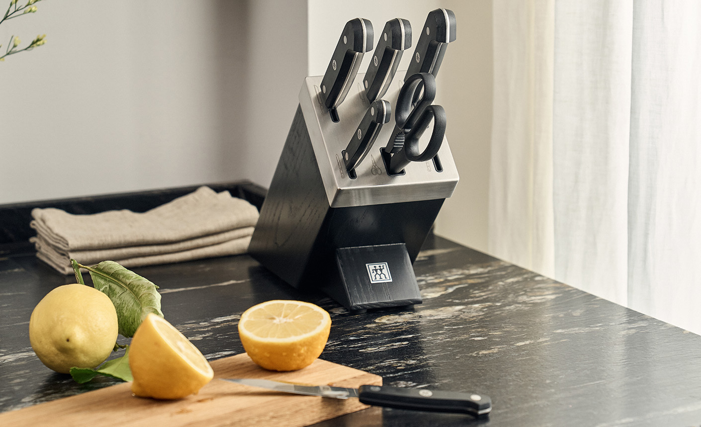 Immagine con un ceppo di coltelli in una cucina