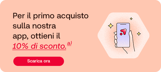 Promozione per il primo acquisto sull'app: 10% di sconto. Icona di smartphone con logo a forma di cuore. Pulsante rosso scarica ora.