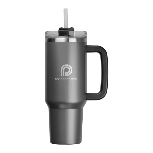 Bicchiere El Roque di Onlineprinters, bicchiere in acciaio inossidabile grigio con manico nero e coperchio trasparente con cannuccia.