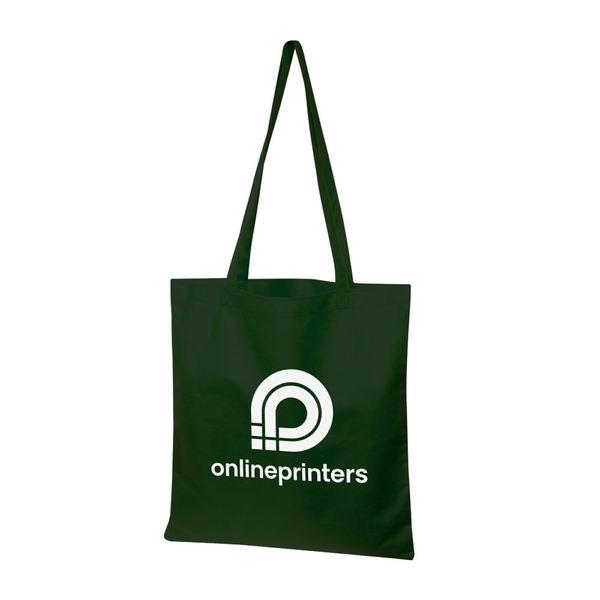 Borsa in tessuto verde scuro con manici lunghi e logo “Onlineprinters” bianco sul davanti.