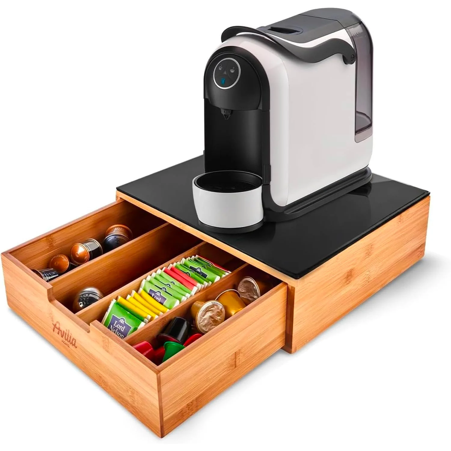 Image of Cassetto Porta Capsule Cialde In Bambù Con Ripiano In Vetro